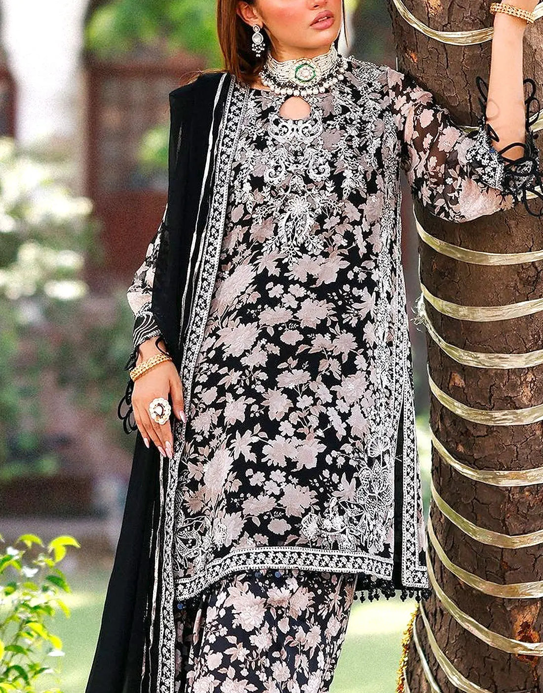 Modern Design All-Over Floral Print Embroidered Black & White Chiffon Dress for Party Wear