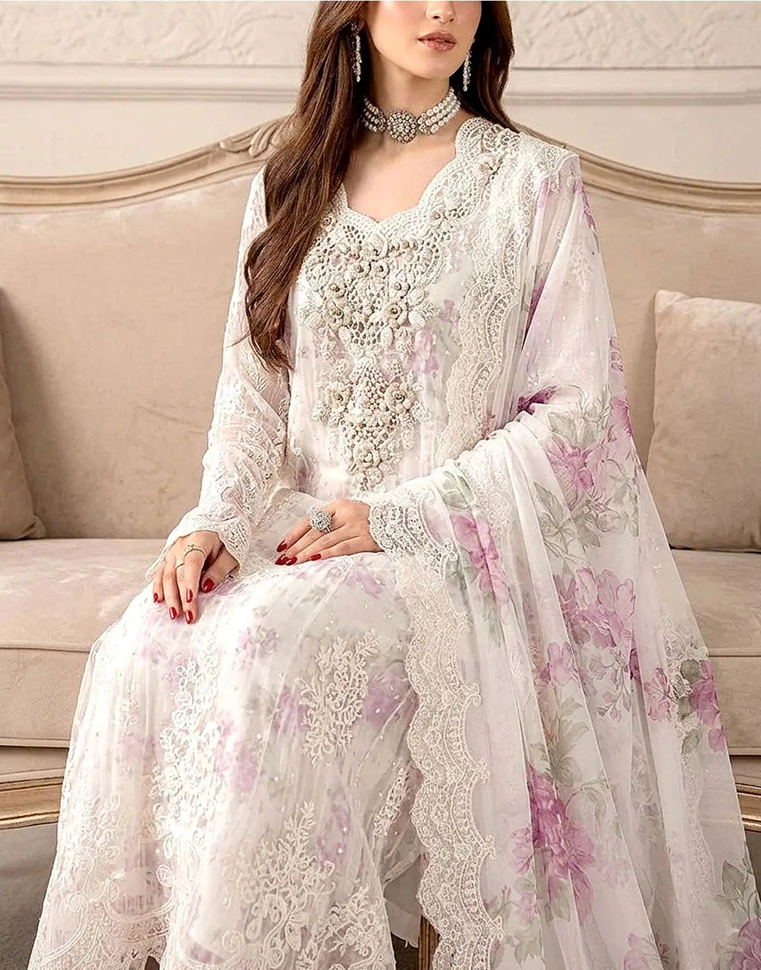 Exquisite Heavy Embroidered White Chiffon Wedding Dress - Elegant Choice for Parties & Weddings