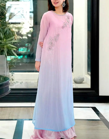 Stylish Embroidered Ombre Bloom Chiffon Dress with Inner