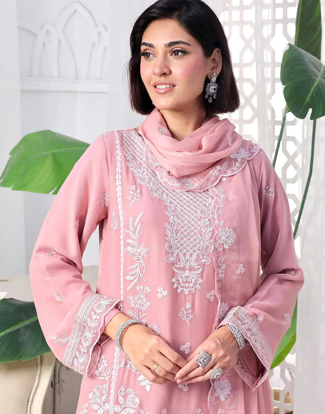 Naina Semi-Stitched Pink Embroidered Chiffon Dress for Weddings and Parties