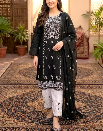 SALE—Heavy Embroidered Cotton Black Dress with Emb. Chiffon Dupatta