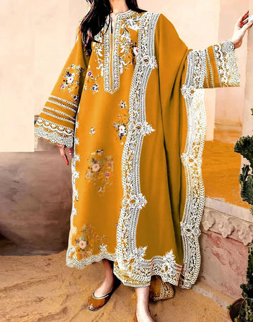 Sophisticated Embroidered Mustard Color Dhanak Dress for Women