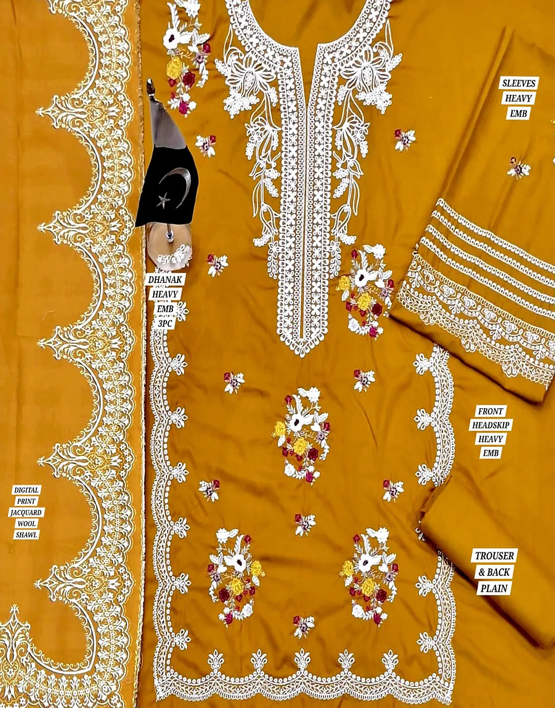 Sophisticated Embroidered Mustard Color Dhanak Dress for Women