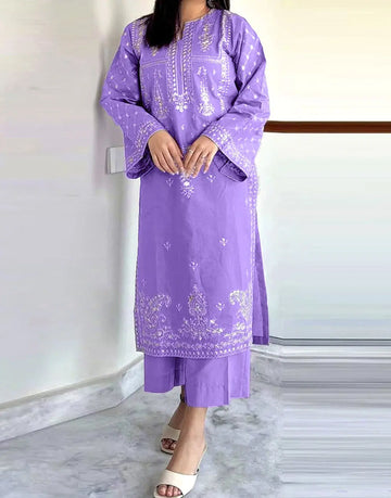 Elegant 2-Piece Embroidered Lilac Color Dhanak Dress