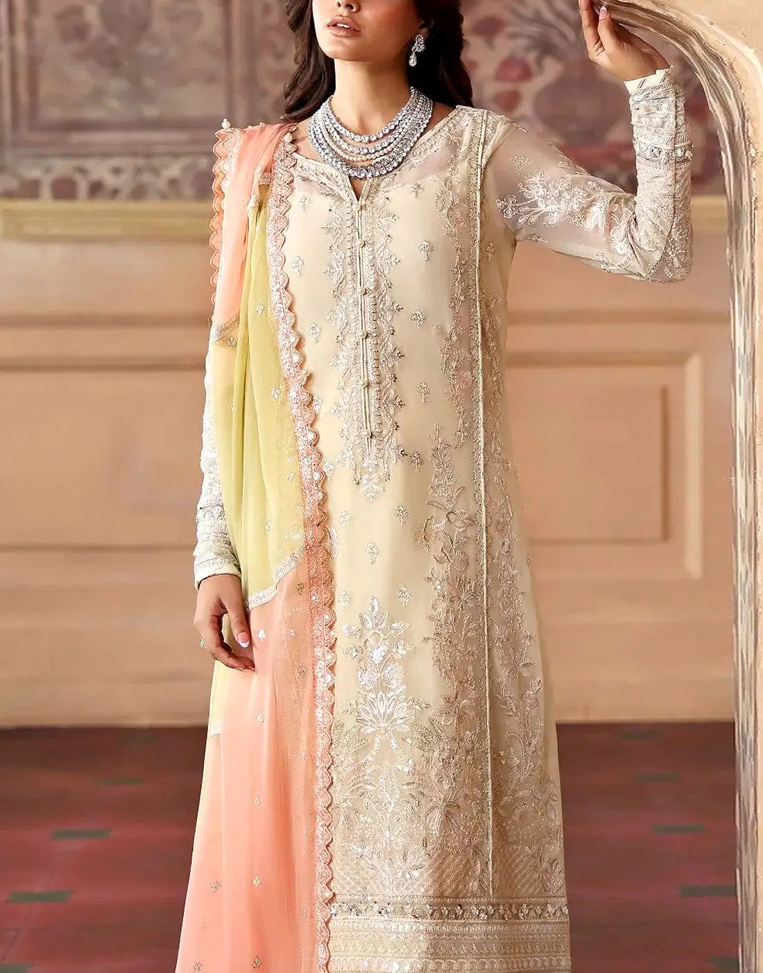 Classy Embroidered Ivory Chiffon Wedding Dress with Hand‑Embellishments