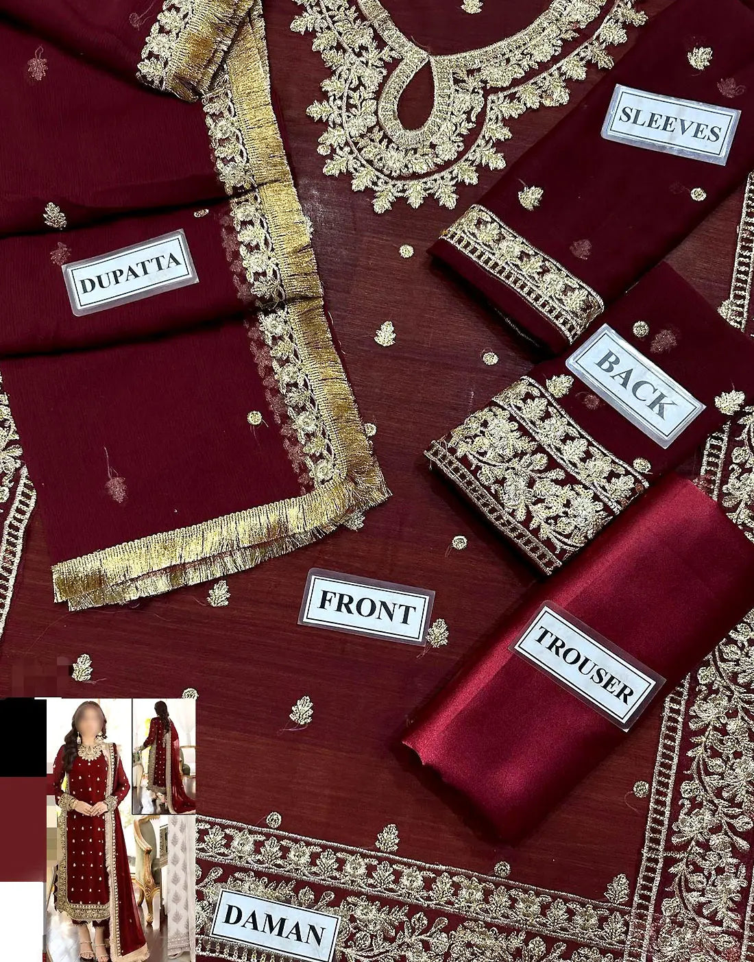 Stylish Heavy Embroidered Maroon Chiffon Dress for Party Events