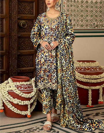 All-Over Digital Leopard Print Embroidered Karandi Dress for Winter Season