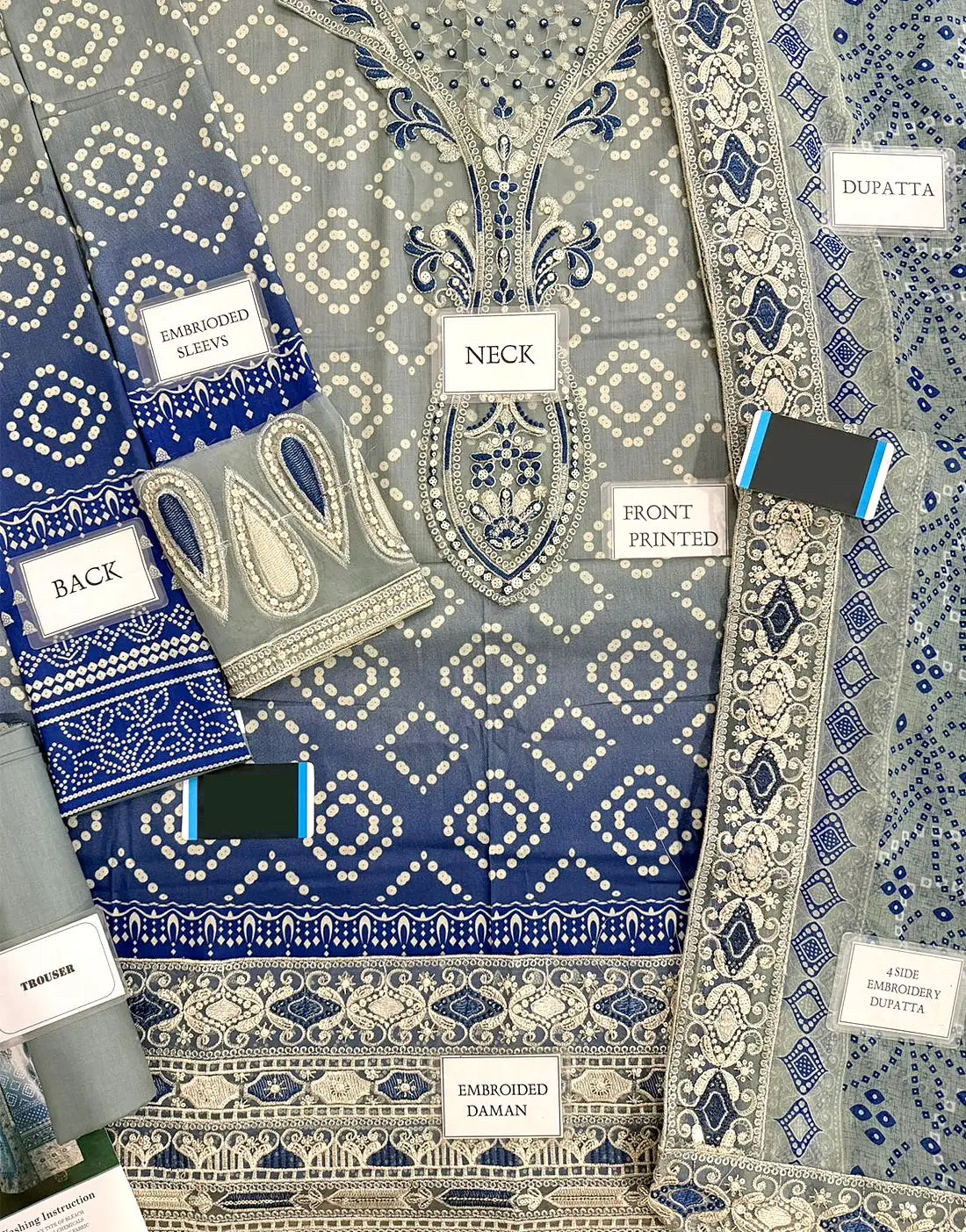 SALE—Heavy Embroidered Chunri Print Lawn Dress Design with 4-Side Emb. Chiffon Dupatta