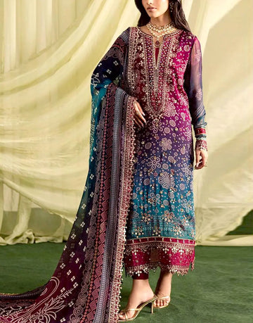 SALE—Digital Print Embroidered Multicolor Ombre Lawn Dress with 4-Side Emb. Chiffon Dupatta