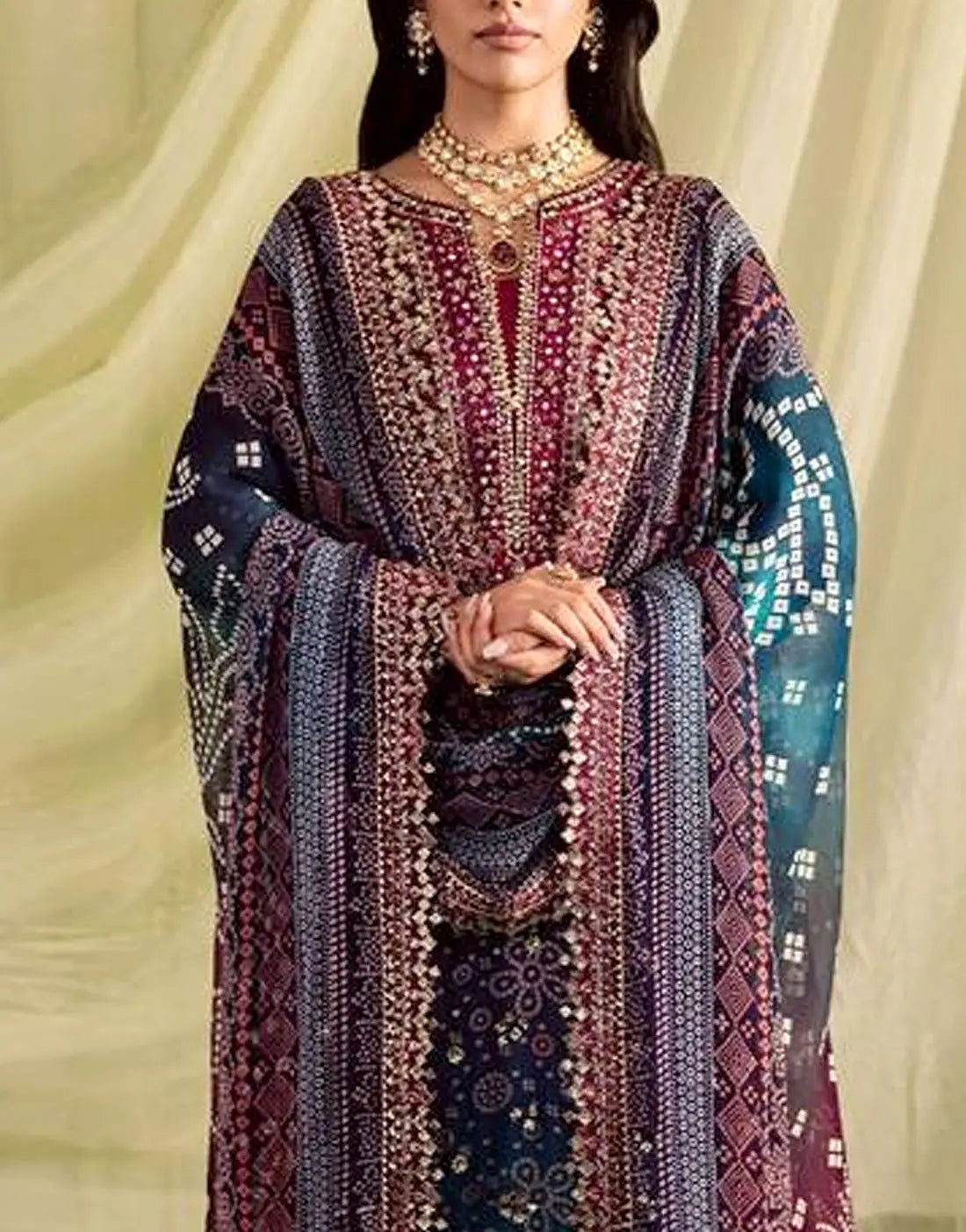 SALE—Digital Print Embroidered Multicolor Ombre Lawn Dress with 4-Side Emb. Chiffon Dupatta