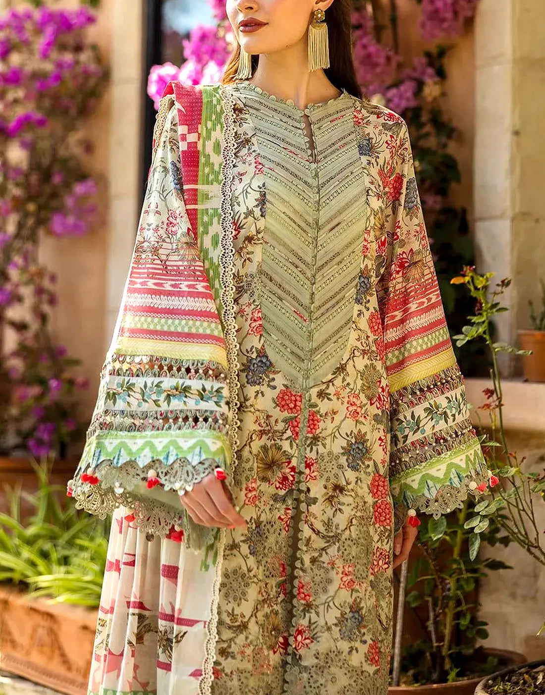 All-Over Print Schiffli Embroidered EID Lawn Dress with Chiffon Dupatta