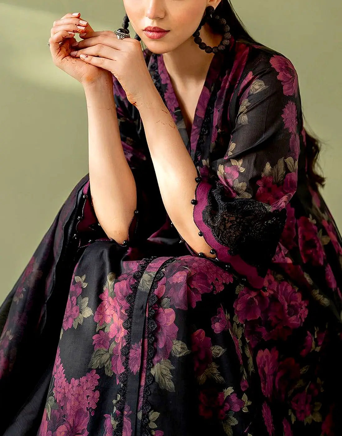 All-Over Floral Print Embroidered Black Lawn Dress for EID and Party Wear