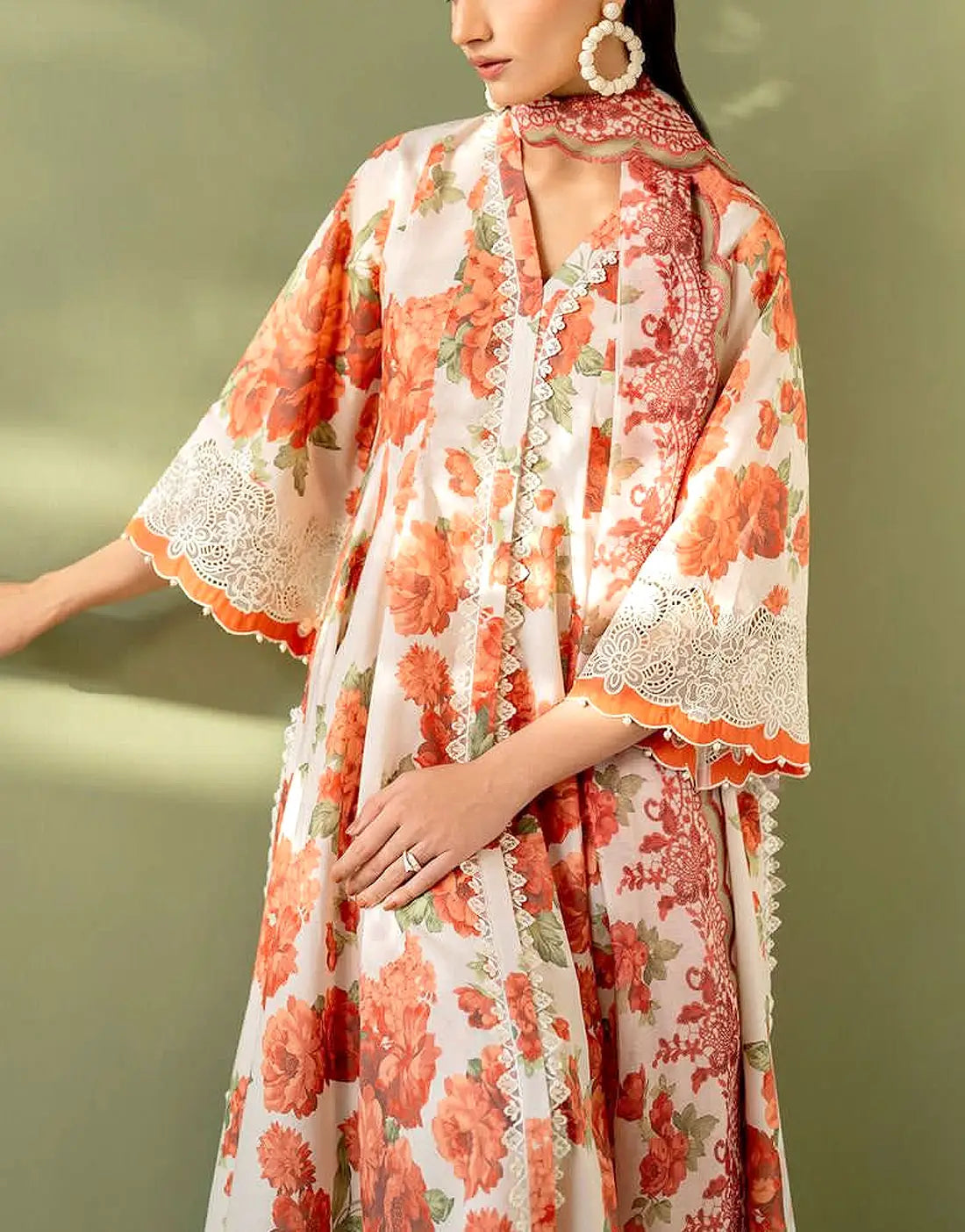 All-Over Floral Print Embroidered EID Lawn Dress with 4-Side Emb. Chiffon Dupatta