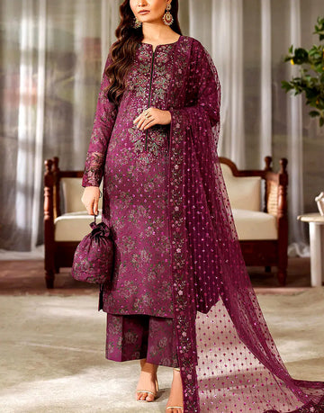 All-Over Print Sequins Embroidered Maroon Lawn Dress with Chiffon Dupatta