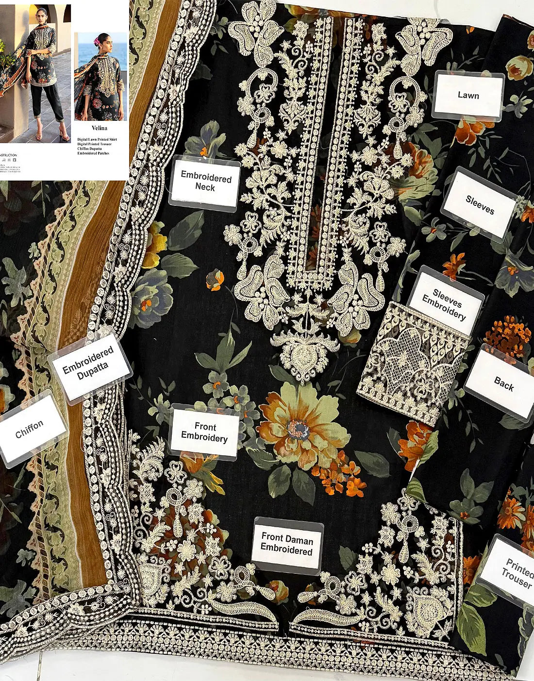 All-Over Print Embroidered Black Lawn Suit with Emb. Chiffon Dupatta