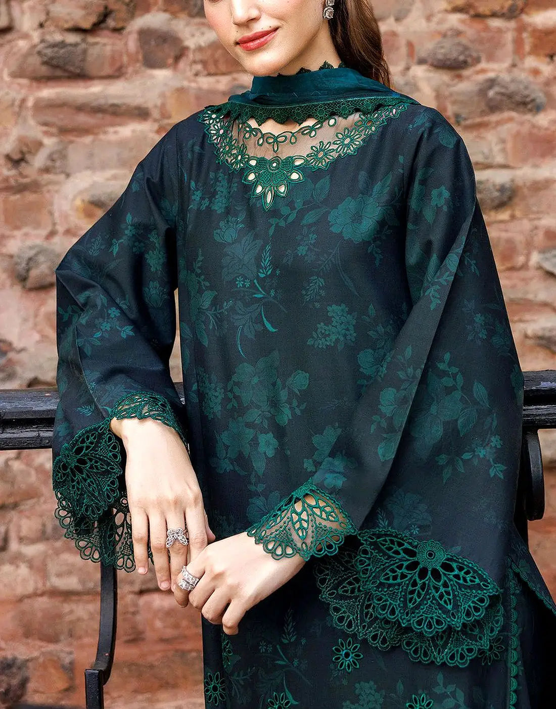 All-Over Print Schiffli Embroidered Lawn Dress with Emb. Chiffon Dupatta