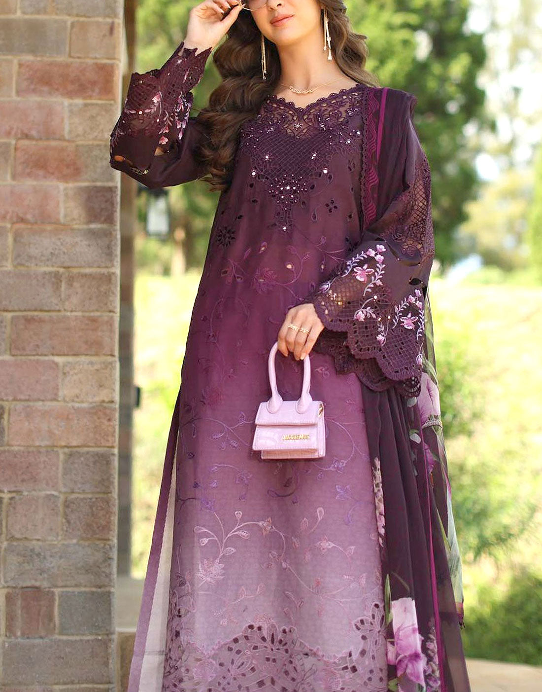 SALE—Trendy Ombre Embroidered Purple Lawn Dress with 4-Side Embroidery Chiffon Dupatta
