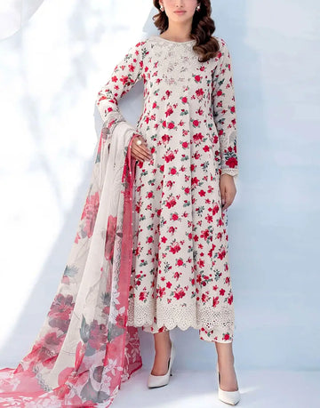 All-Over Floral Print Embroidered Lawn Dress with 4-Side Emb. Chiffon Dupatta