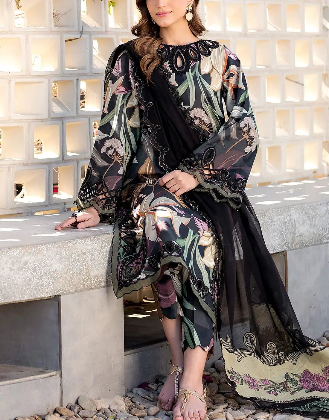 All-Over Print Embroidered Black Lawn Dress Design for EID and Formal Wear