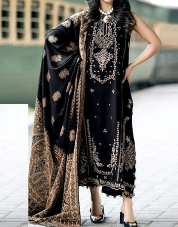 Stunning Heavy Embroidered Black Linen Dress for Winter Season