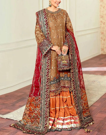 Luxury Embroidered Rusty Gold Khaddi NET Bridal Dress with Rich Embelishments