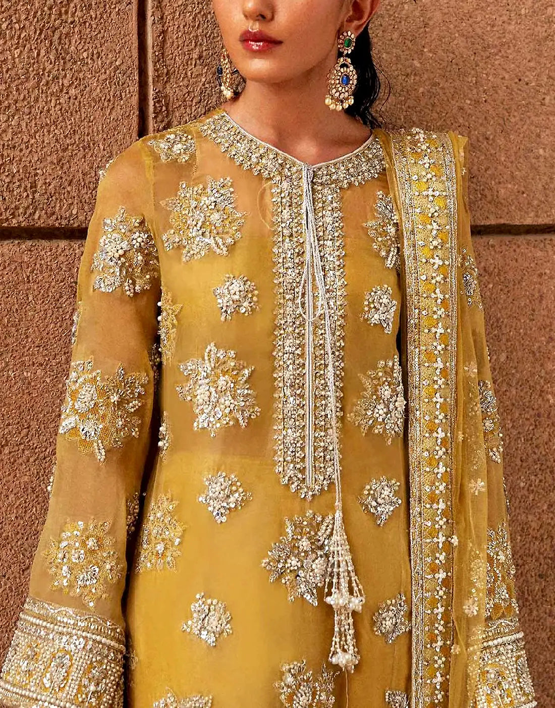 Finest Embroidered with Heavy Handwork Deep Golden Yellow Organza Bridal Dress - Ideal for Mehndi Event