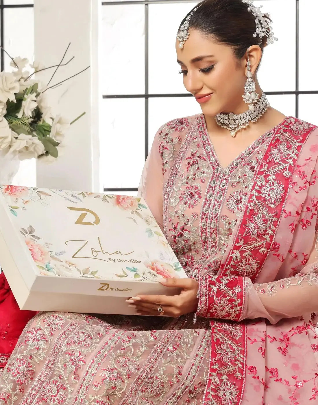 Mushq Semi-Stitched Intricate Embroidered Blush Pink Net Maxi Dress with Embroidered Potli Pouch