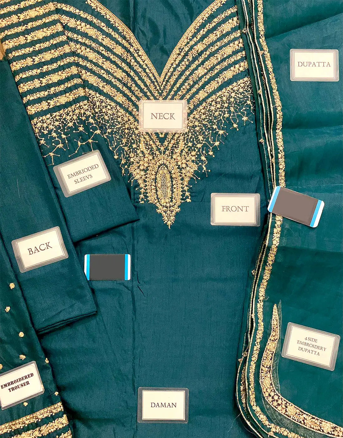 Fashionable Intricate Embroidered Teal Green Raw Silk Dress with Embroidered Bottoms