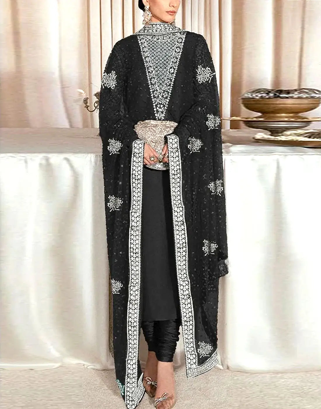 Glam Shine Hand‑Embellished Black Raw Silk Wedding Dress featuring Striking Black & Silver Combination