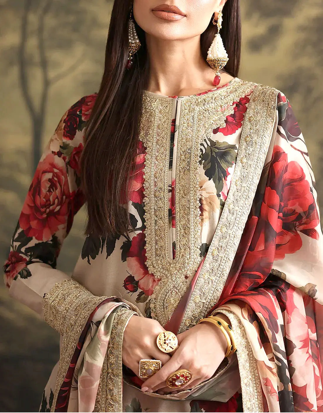 All-Over Digital Print Embroidered Silk Dress with Silk Dupatta