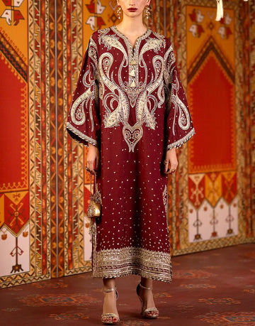 Luxury Embroidered Maroon Silk Kaftan Party Dress with Embroidered Silk Dupatta