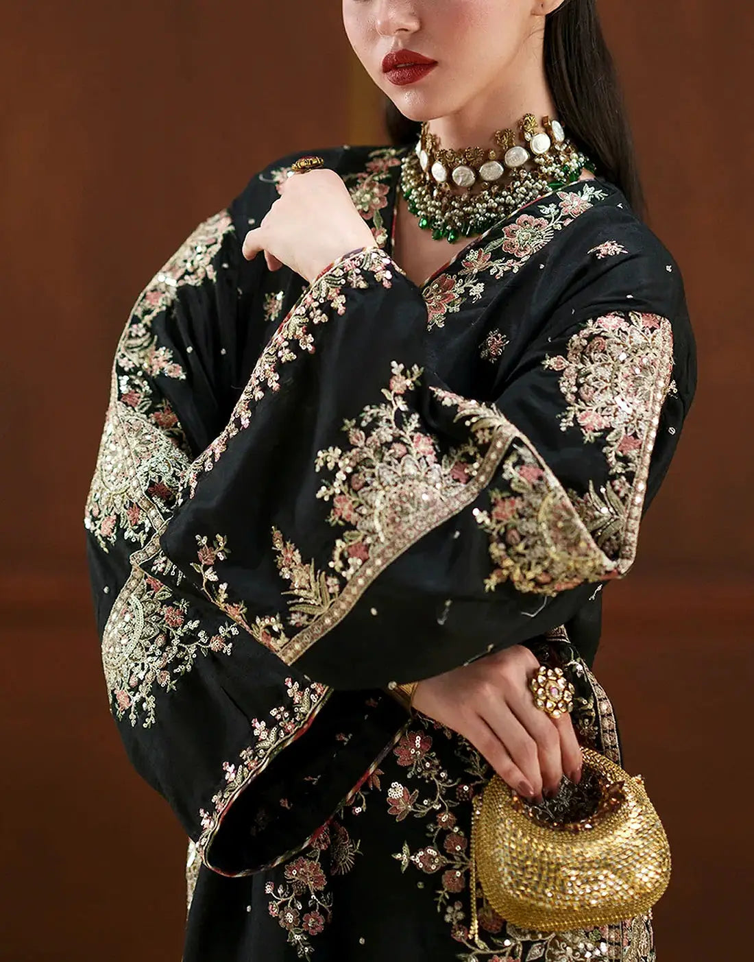 Glamorous Embroidered Black Silk Long Kaftan Dress for Weddings