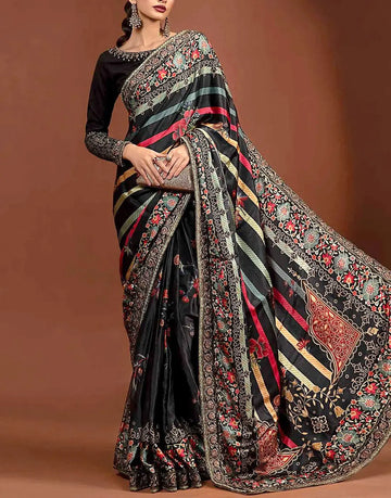 Glamorous Floral Print Embroidered Black Silk Saree with Raw Silk Body