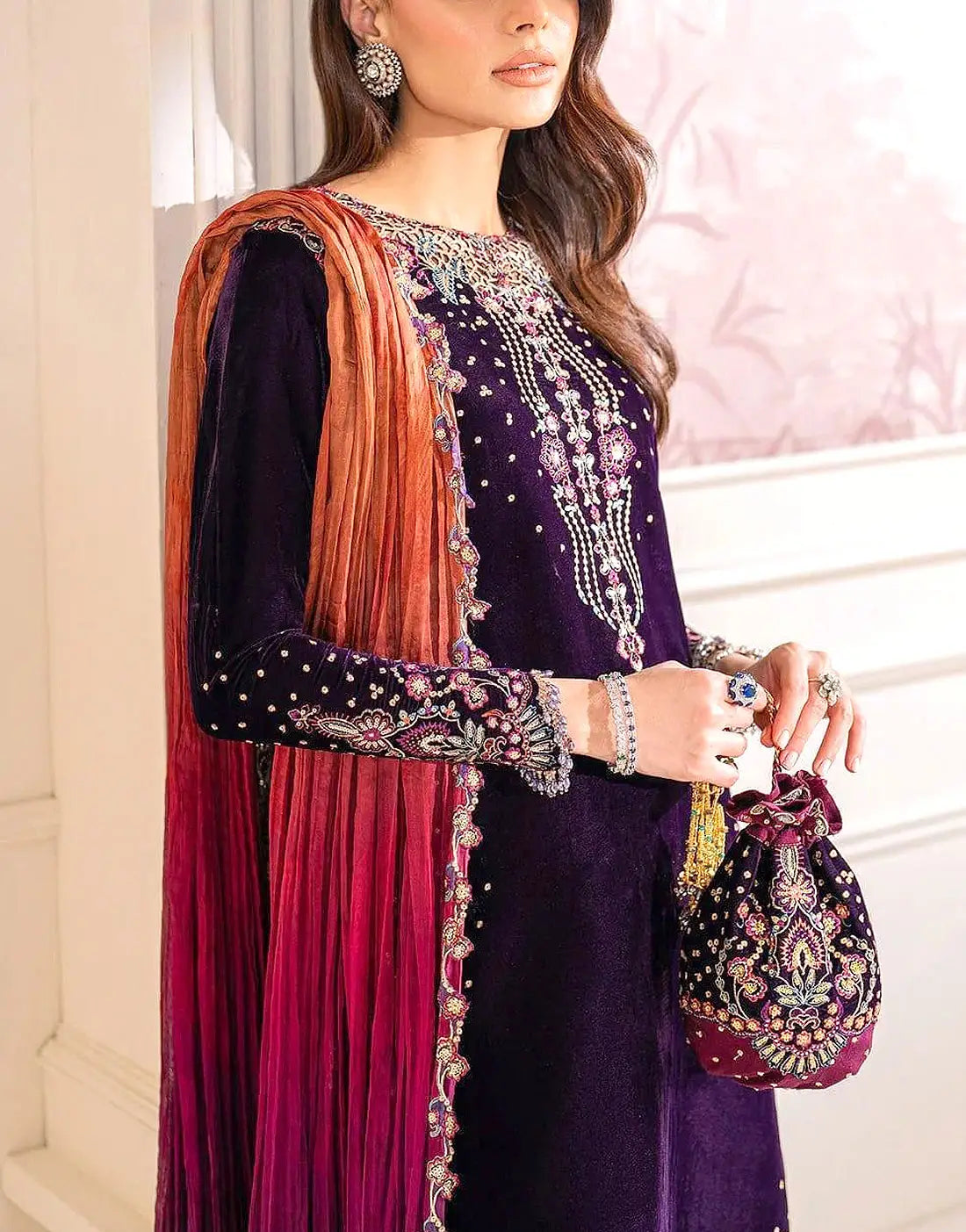 Contemporary Embroidered Royal Purple Velvet Wedding Dress with Matching Velvet Pouch