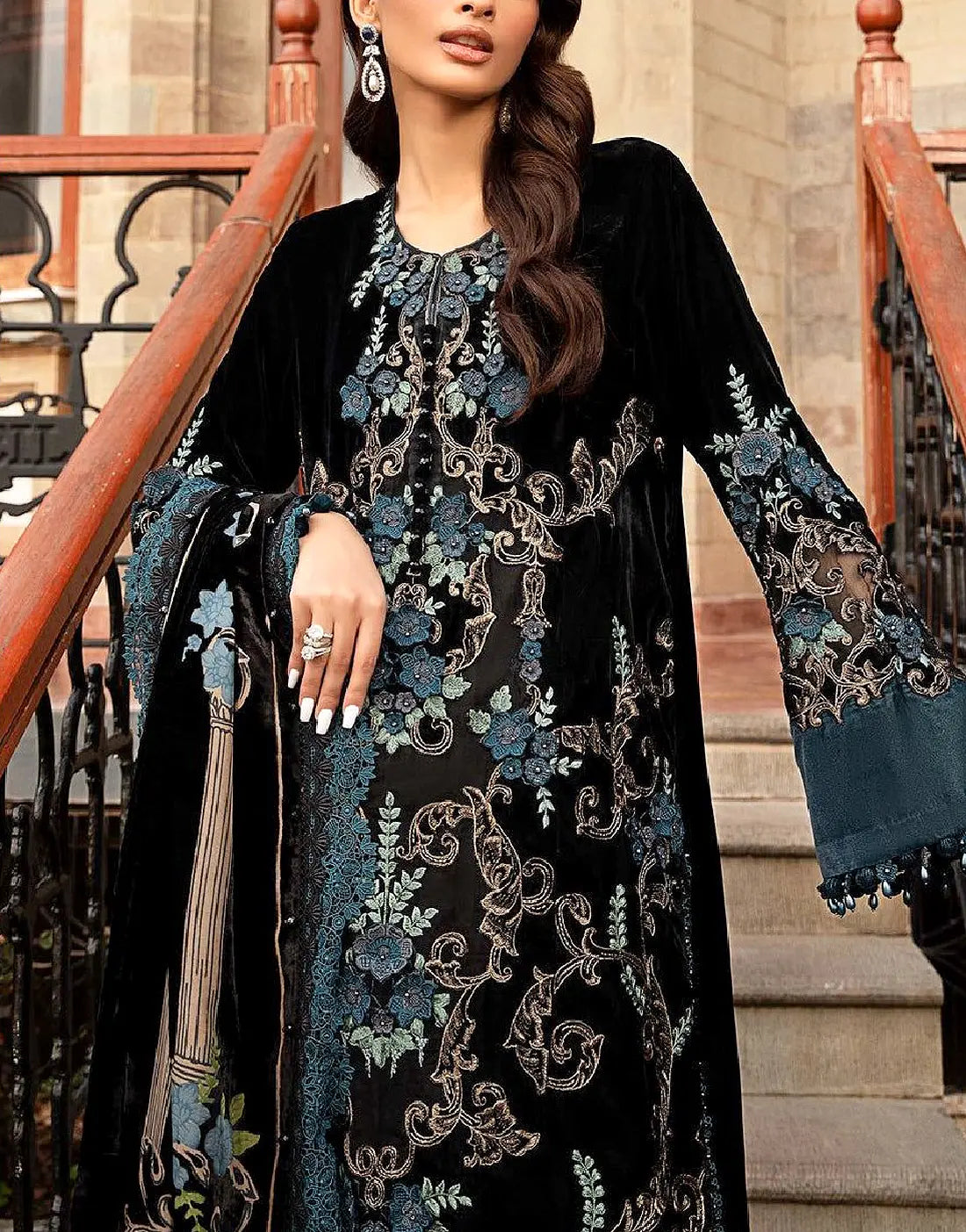 Glamorous Embroidered Velvet Bridal Dress with Heavy Velvet Shawl