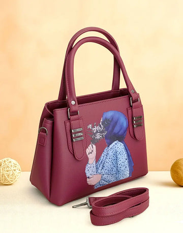 Stylish Hijabi Girl Printed Red Violet Synthetic Leather Handbag