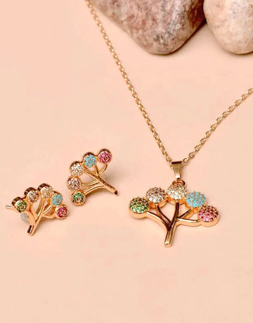 Stylish Minimalist Multicolor Tree Design Necklace & Earrings Set for Girls