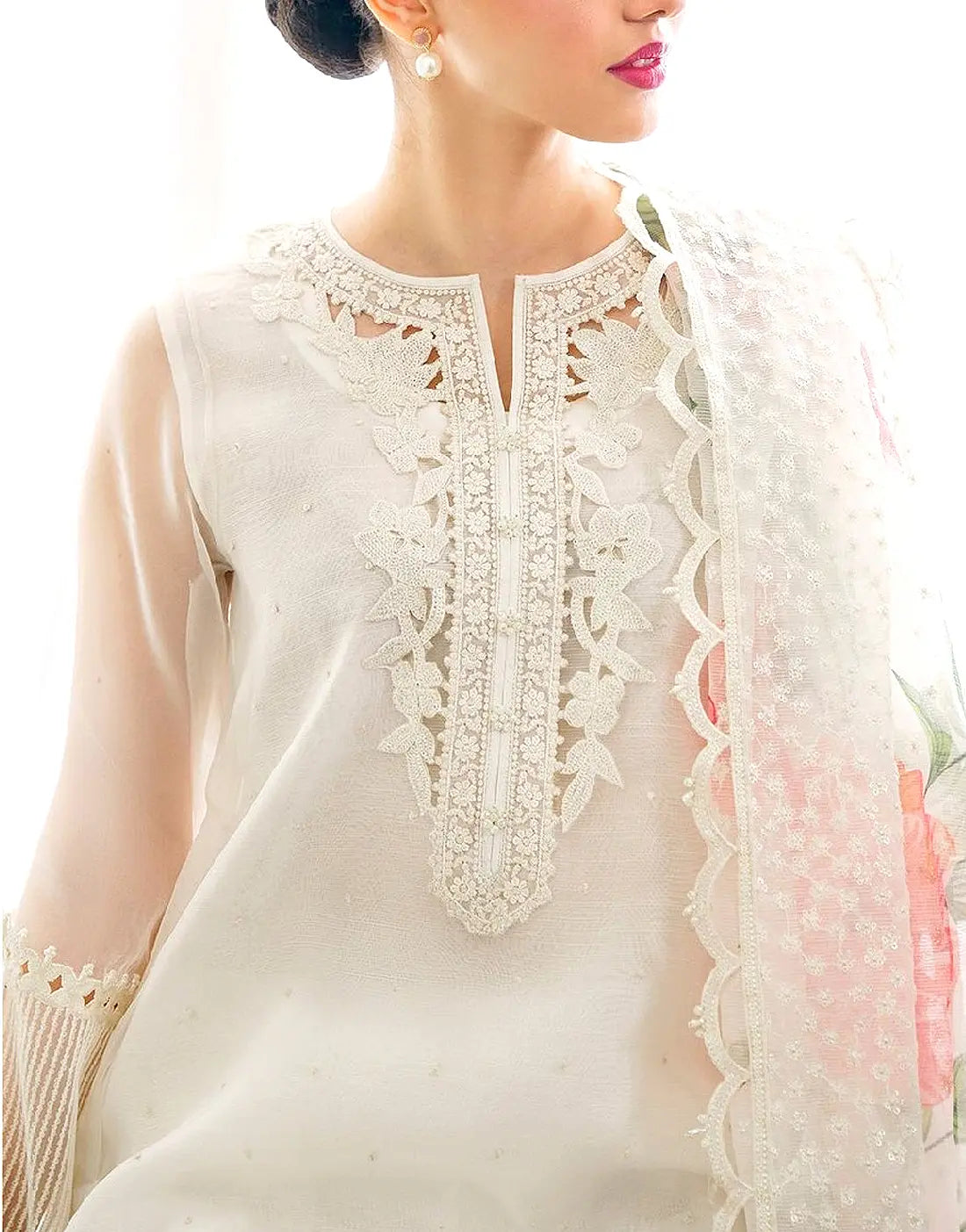 Luxury Embroidered with Handwork White Organza Dress for Nikkah & Engagement