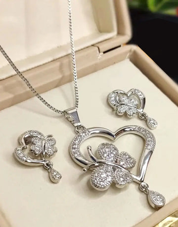Elegant Butterfly & Heart Shape Silver Necklace Set for Girls