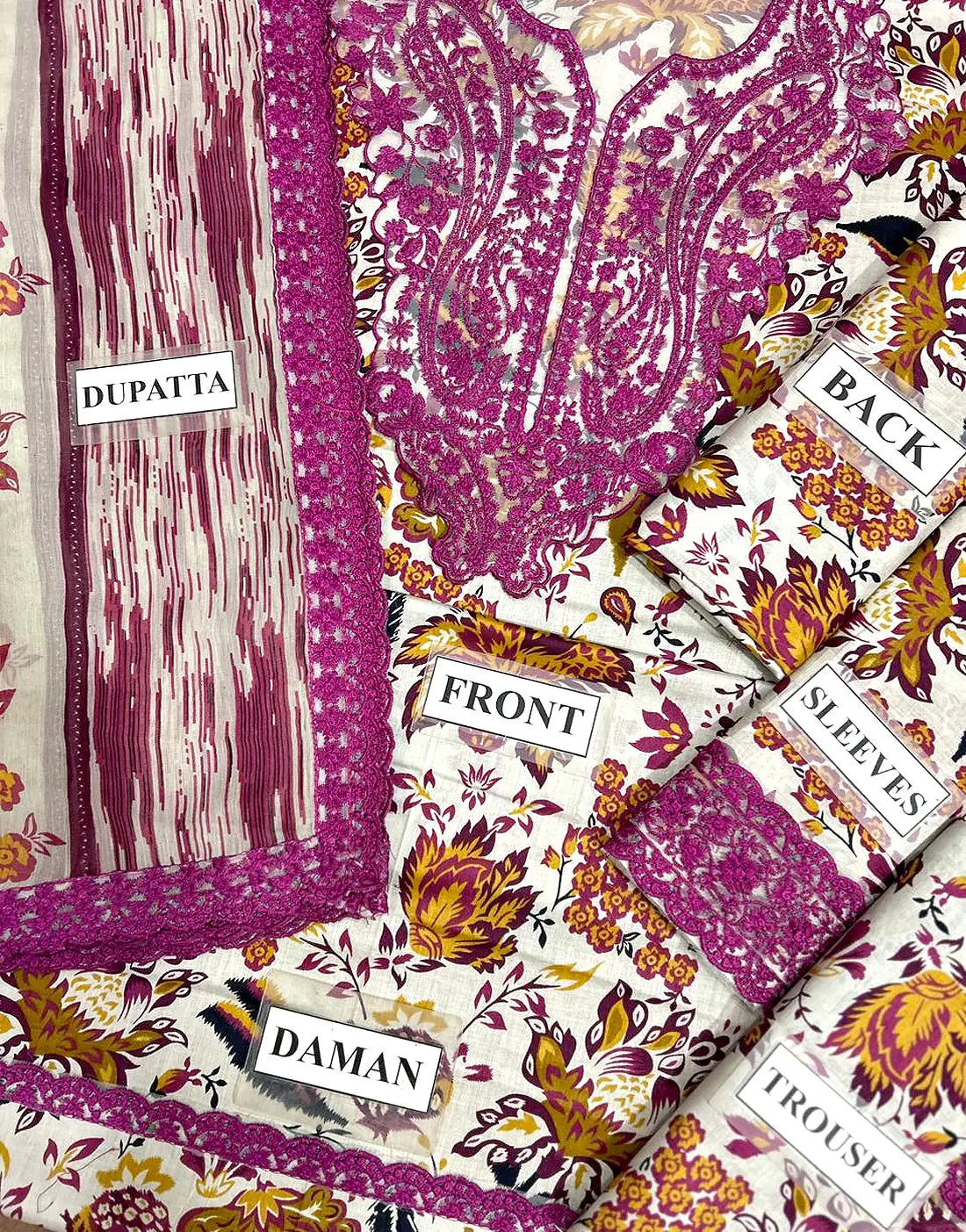 SALE—All-Over Flower Print Embroidered Lawn Suit with Chiffon Dupatta