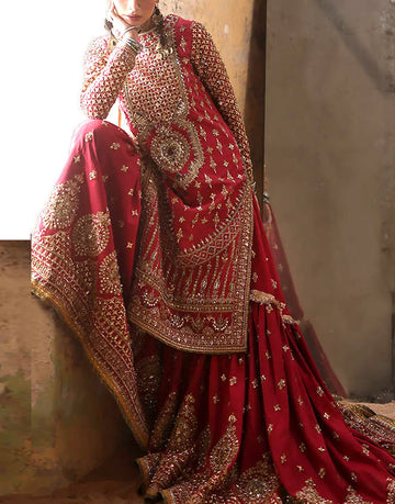 Luxe Heavy Embroidered Maroon NET Bridal Sharara Dress with Rich Embellished Neckline