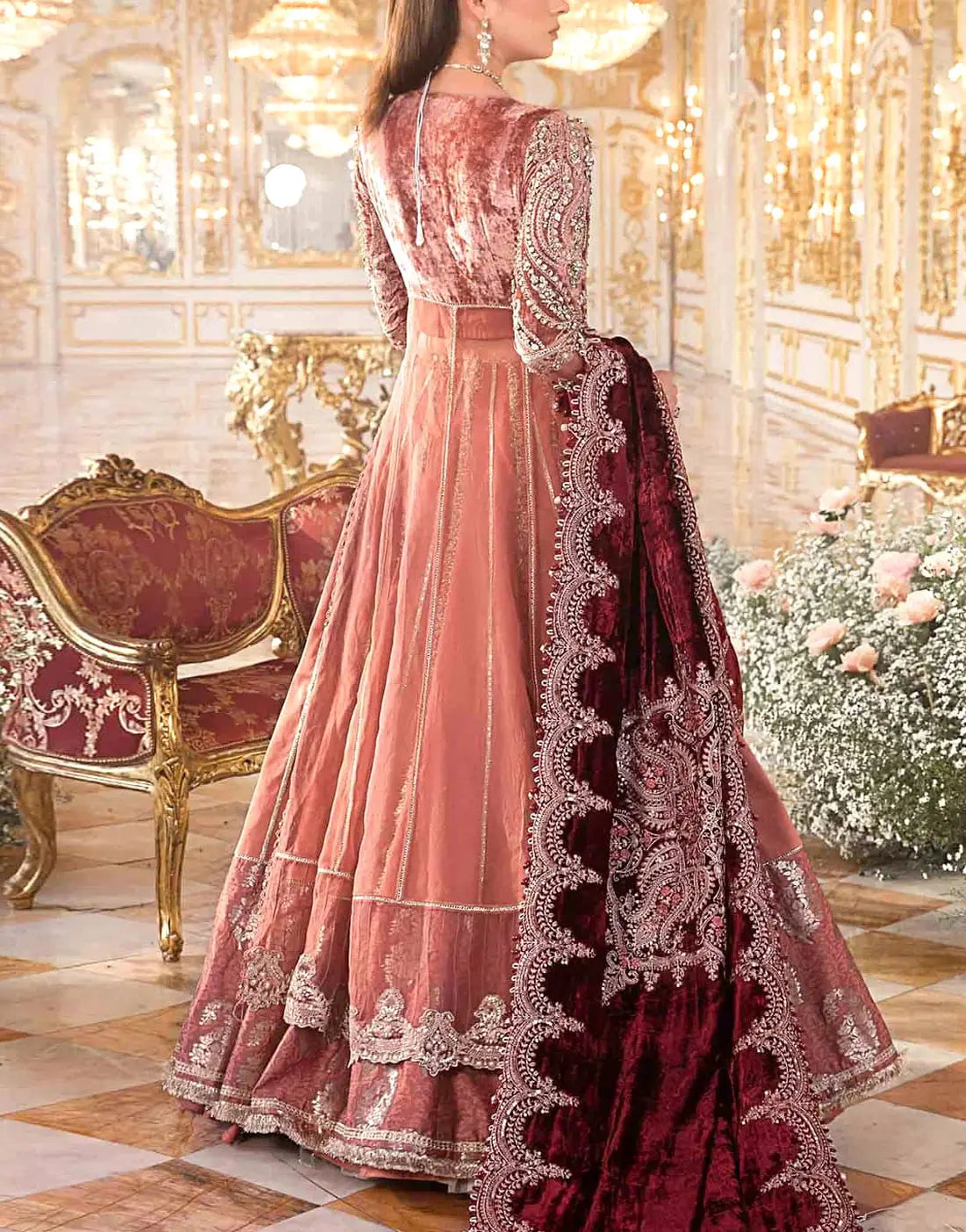 Luxurious Intricate Embroidered Rust Orange Net Maxi Dress – Perfect for Parties & Weddings