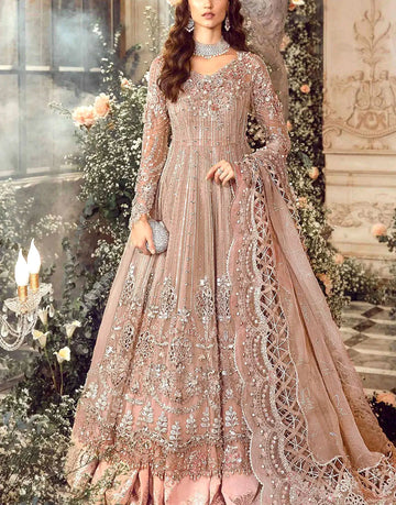 Luxury Embroidered Tea Pink Net Bridal Maxi Dress with Heavy Embellishments