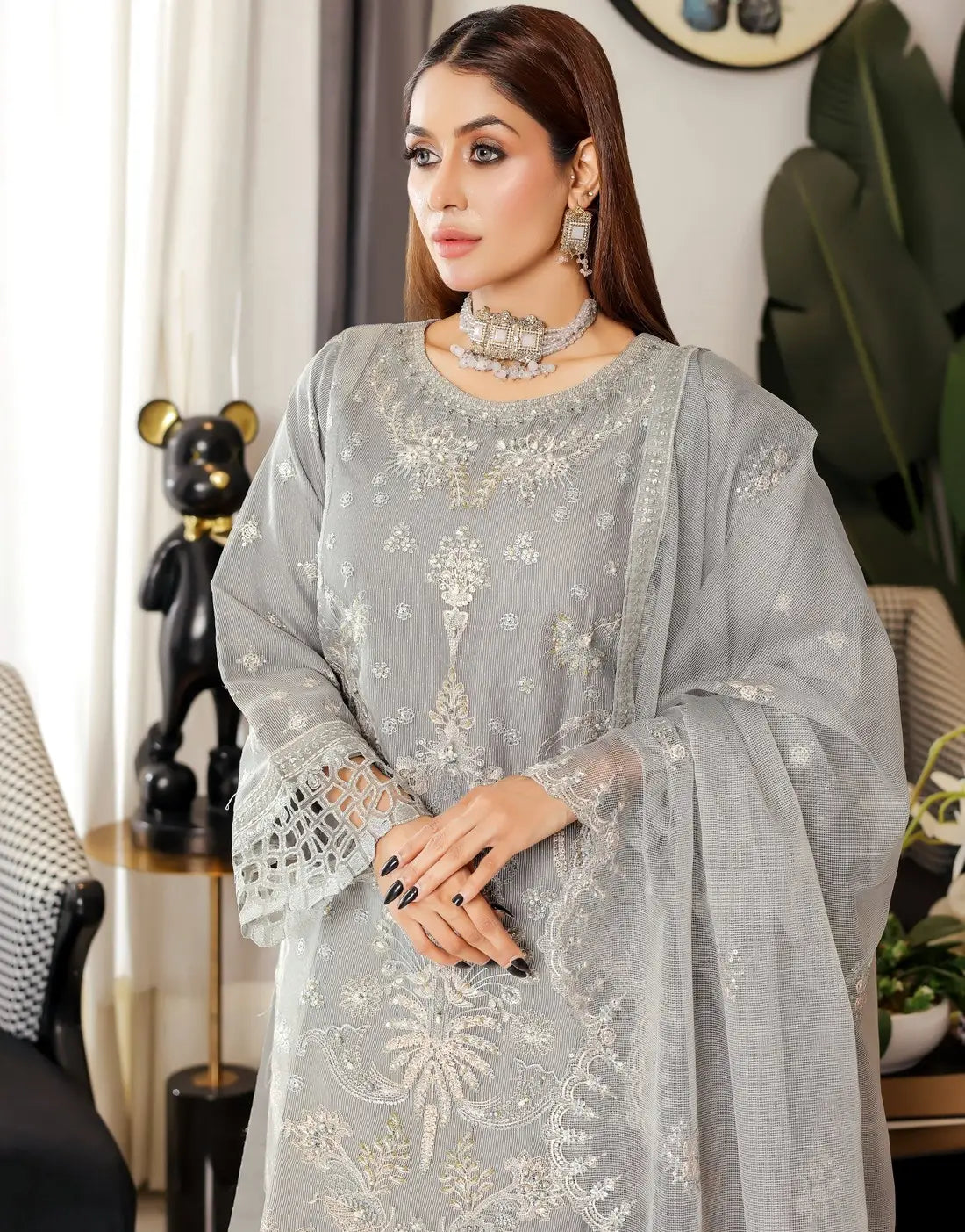 Carnation Semi-Stitched Embroidered Grey Aiyudiya Net Organza Dress with Monar Dupatta
