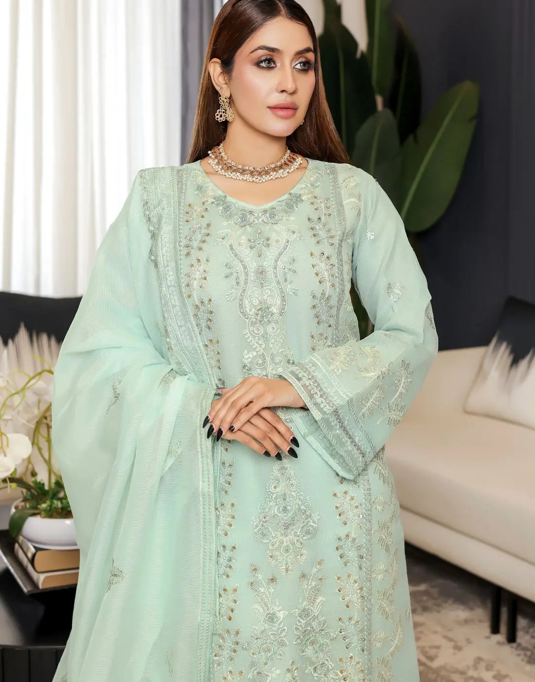 Carnation Semi-Stitched Embroidered Aiyudiya Net Organza Dress with Monar Dupatta