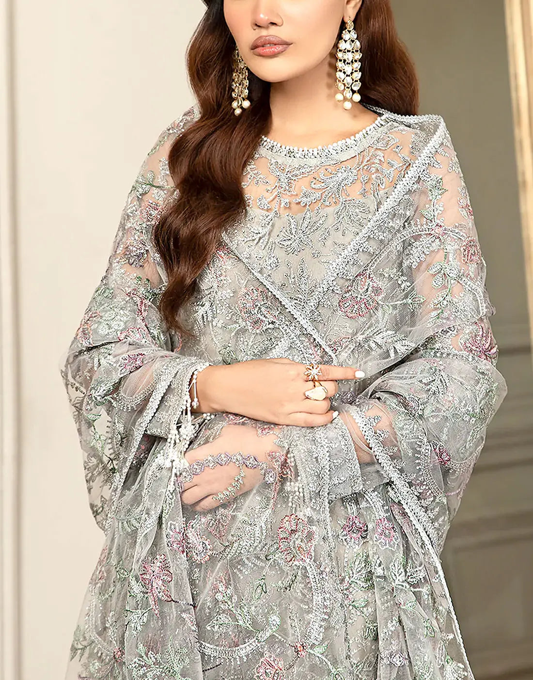 Luxury Embroidered Grey NET Dress for Weddings & Formal Parties