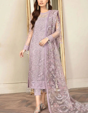 Luxury Embroidered Lilac NET Dress for Weddings & Formal Parties