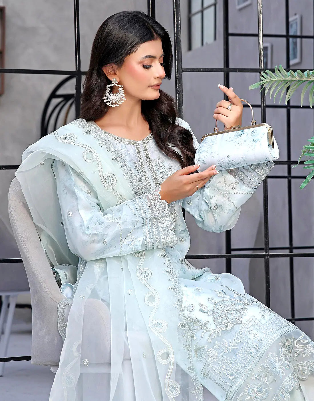 Naaira Semi-Stitched Embroidered Organza Party Dress with Complimentary Clutch Bag