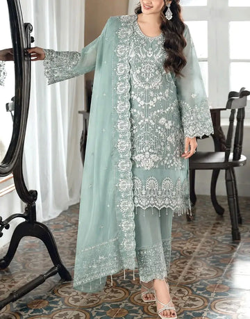 Artisan Embroidered Sage Green Organza Party Dress 2026 for Weddings & Formal Events