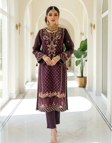 Dhanak Luxury Embroidered Deep Plum Organza Dress with Hand Embellishments